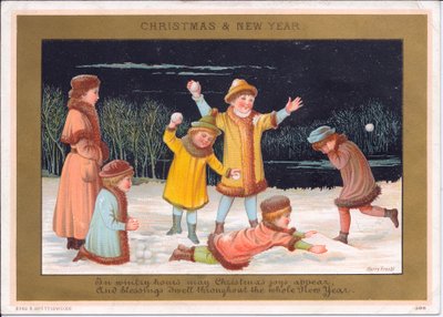 Victorian Christmas and New Year Card of Children Playing in the Snow and Throwing Snowballs, c.1880 by English School