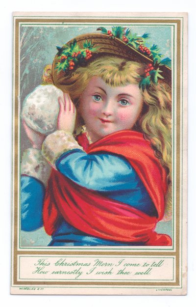 Victorian Christmas Card of a Child Wearing a Hat with Hollies Holding a Snowball by English School