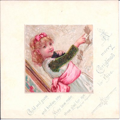 Victorian Christmas Card of a Young Girl Holding a Cat and Pointing a Finger at Something by English School