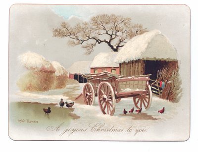 Victorian Christmas Card of Ducks and Chicken Near a Pond in a Farmyard, c.1880 by English School