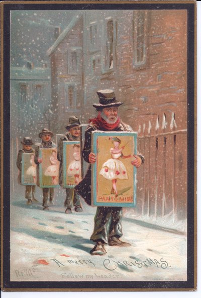 Victorian Christmas Card of Four Men Walking in the Snow Carrying Boards Advertising a Pantomime, c.1880 by English School