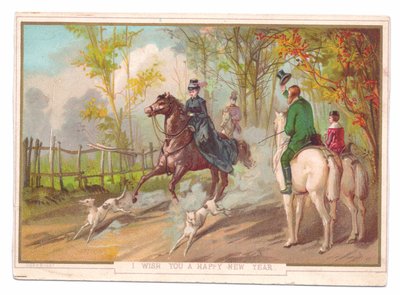 Victorian New Year Card of a Woman on Horseback with Two Hounds Greeted by Another Couple, c.1880 by English School