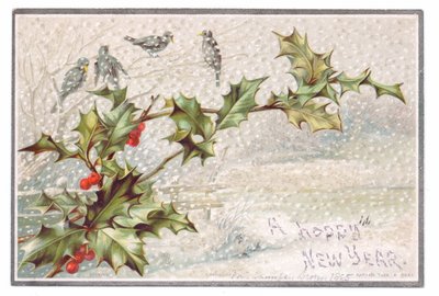 Victorian New Year Card of Birds on Branches in the Falling Snow by English School