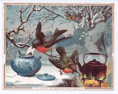 Victorian New Year card of robins making tea on a snowy winter
