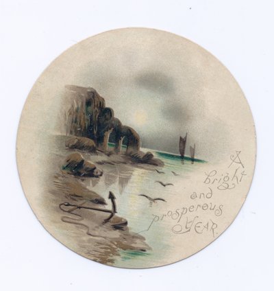 Victorian Circular New Year Card of a Seascape with Two Yachts on a Moonlit Night, c.1880 by English School