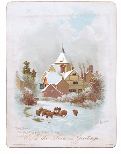 Victorian Greeting Card of Sheep Wandering Near a Church in the Snow, c.1880 by English School
