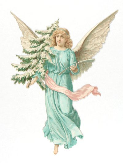 Victorian Scrap Relief of an Angel Holding a Fir Tree, c.1880 by English School