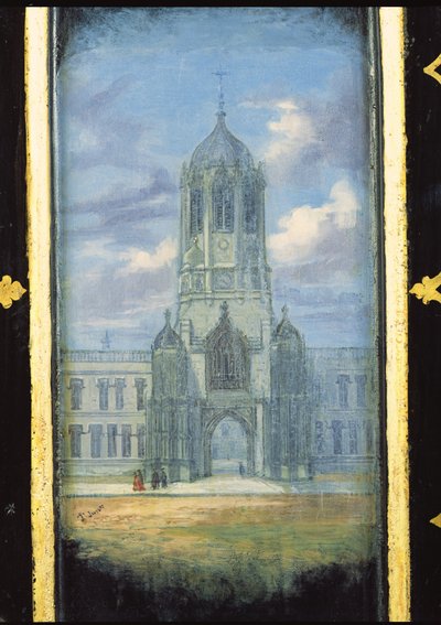 Victorian Sewing Cabinet Panel Decorated with a Scene of Christ Church, Oxford by English School