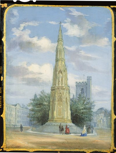 Victorian Sewing Cabinet Panel Decorated with a Scene of the Martyrs Memorial, Oxford by English School