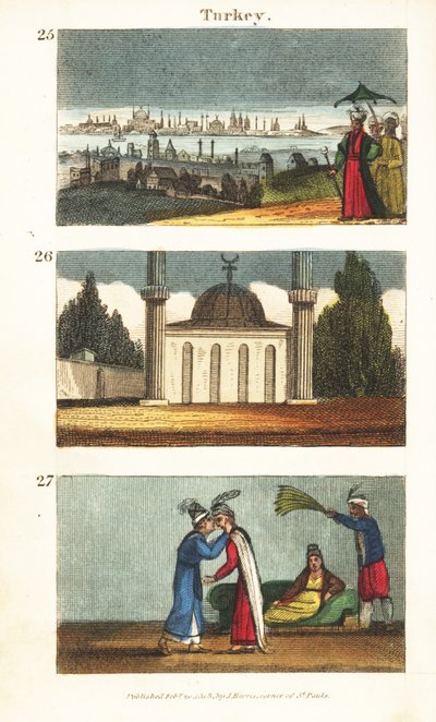 View of Constantinople (Istanbul) in the Early 19th Century, Muslim Mosque with Dome and Minarets, and Young Greek Women Kissing Each Other on the Eyes by English School