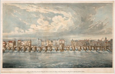 View of East Side of Old London Bridge in the Reign of Queen Elizabeth I by English School