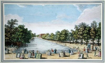 View of Formal Gardens with a Lake, probably the Long Water at Hampton Court by English School