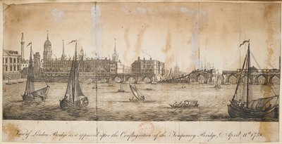 View of London Bridge as it appeared after the conglagration of the temporary bridge, April 11 by English School