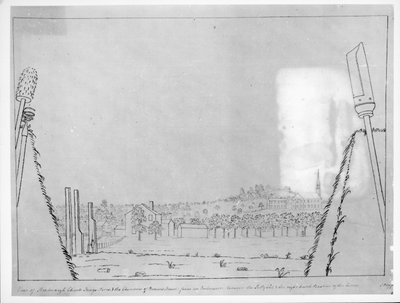View of Roxborough Church, Kings Arms and the chimneys of Browns House, from an embrasure between the sally port and the right hand bastion of the lines, 1776 by English School