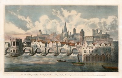 View of east side of Old London Bridge from BM Royal MSS by English School