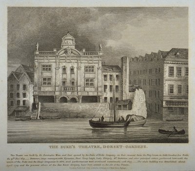 View of the Dukes Theatre, Dorset Gardens, from the River Thames by English School