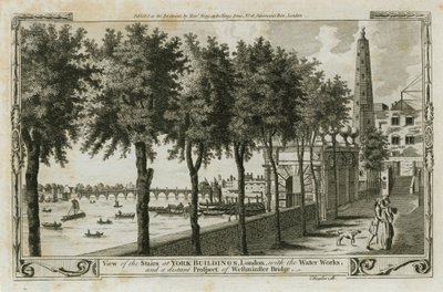 View of the Stairs of York Buildings, London with the Water Works, and the distant prospect of Westminster Bridge by English School