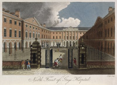 View of the north front of Guys Hospital, Southwark, showing a man being stretchered through the front gates by English School