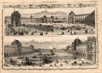 Views of the Cour Carree du Louvre in Paris. Engraving in 