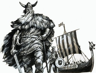 Viking and Longship by English School