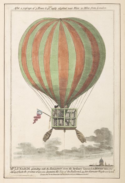 Vincent Lunardi airborne after his ascent from Moorfields, September 1784 (coloured engraving) by English School