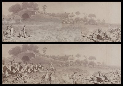 Volunteer review at Wormwood Scrubs showing the Mitre Tavern and the Mitre Bridge, Hammersmith, c.1800 (wash on paper) by English School