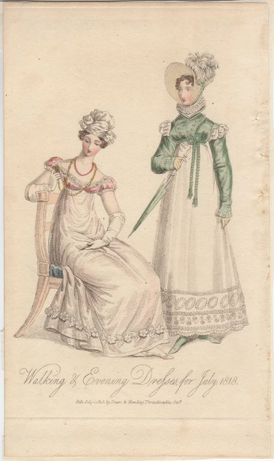 Walking and evening dresses for July 1818 by English School