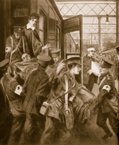 War wounded arriving at a London train terminus by English School