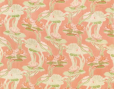 Water lilies on a coral background, textile design by English School