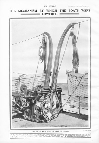 Welin davits, the mechanism by which the boats were lowered, from The Sphere, 27 April 1912 by English School