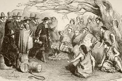William Penn makes a treaty with the Delaware or Lenape Indians in 1682 by English School