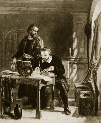 William Tyndale translating the New Testament, illustration from Hutchinson