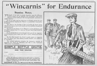 Wincarnis for Endurance, advertisement from The Graphic, October 27th 1906 by English School