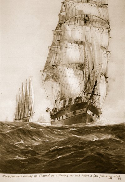 Wind-jammers coming up Channel on a flowing sea and before a fast following wind by English School