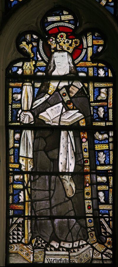 Window depicting a scene from the life of St Winifred - with jewels of inset glass by English School