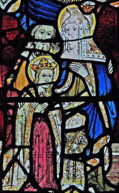 Window Ew depicting St Anne, Joachim, the Virgin Mary and the Christ Child by English School