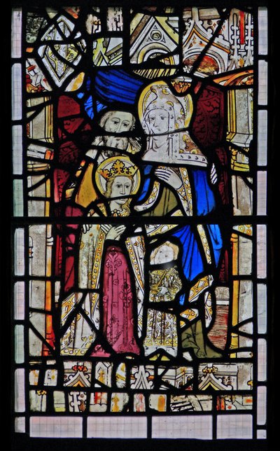 Window Ew depicting St Anne, Joachim, the Virgin Mary and the Christ Child by English School