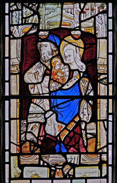 Window Ew depicting St Anne, Joachim, the Virgin Mary and the Christ Child by English School