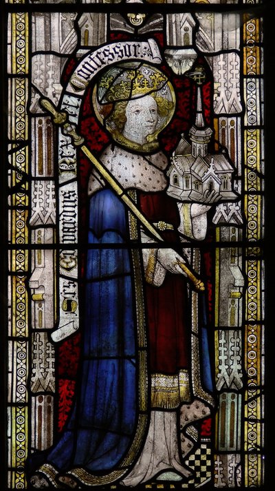 Window Ew depicting St Ethelbert (mislabelled as Edward the Confessor in the 19th century!) by English School