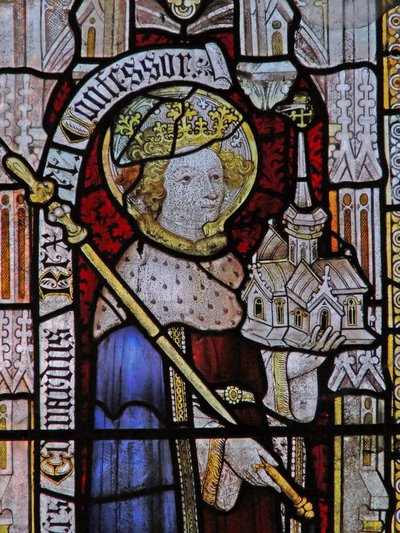 Window Ew depicting St Ethelbert (mislabelled as Edward the Confessor in the 19th century!) by English School