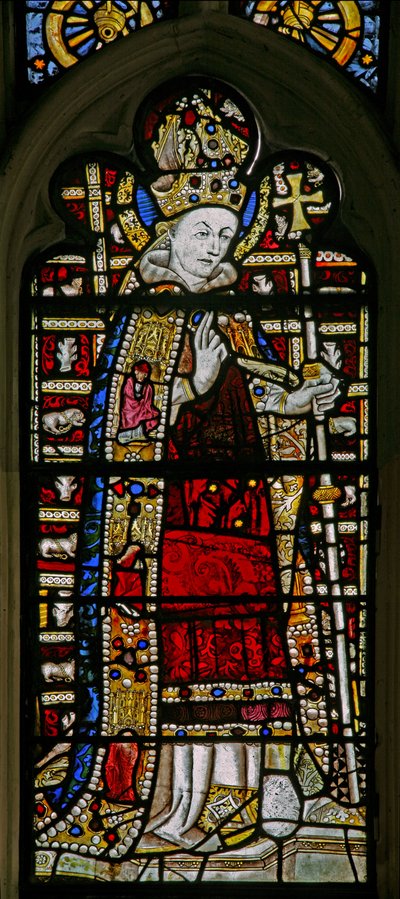 Window depicting St Thomas Becket with jewels of inset glass by English School