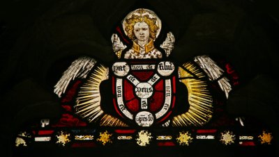 Window depicting an angel with a Trinity shield by English School