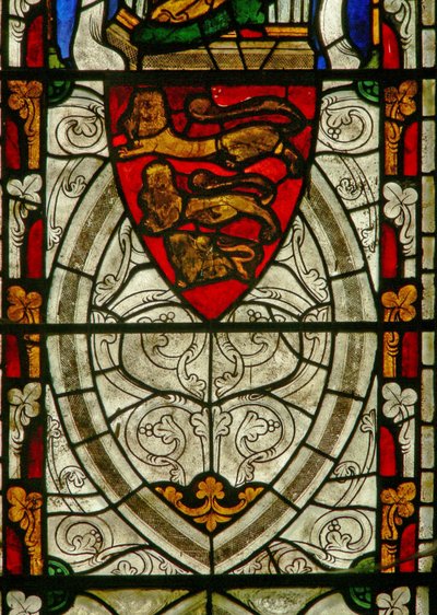 Window Ew depicting arms of England and grisaille by English School