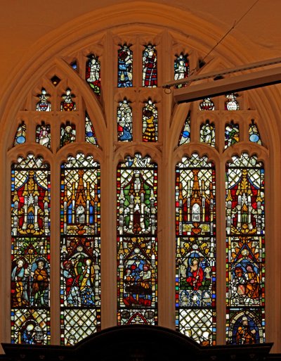 Window depicting the east window with some 14th century panels from the previous church by English School