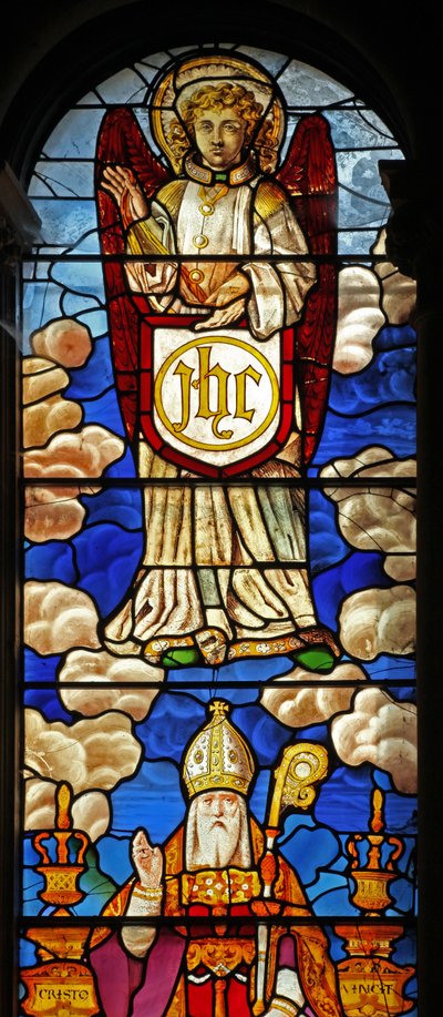 Window 2 depicting an angel carrying the Monogram of Christ by English School