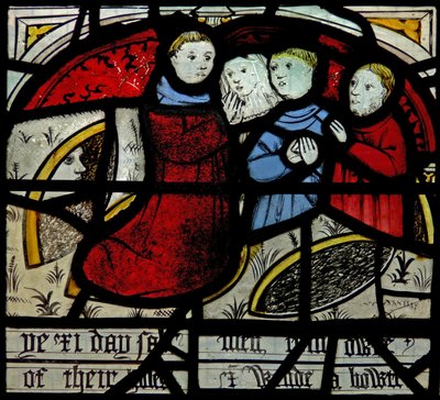 Window N3 depicting the Last Fifteen Days of the World (the Pryke of Conscience window): People emerge from their holes to pray by English School