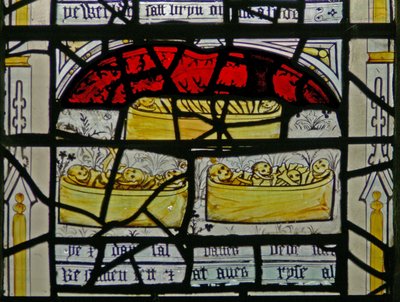 Window N3 depicting the Last Fifteen Days of the World (the Pryke of Conscience window): the bones of the dead emerge from their coffins by English School