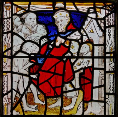 Window N4 depicting the Works of Mercy: clothing the naked by English School