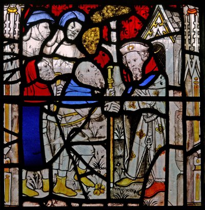 Window N4 depicting the Works of Mercy: giving shelter to the homeless by English School