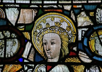 Window NW depicting a female head, crowned and sainted by English School